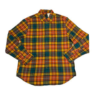 NWT J. Crew Men's Gold & Teal Plaid Regular Flannel Shirt - SIZE L